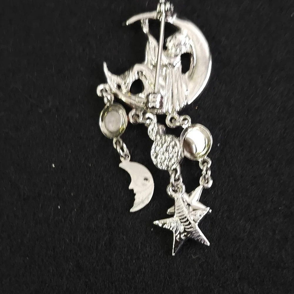 Silver Tone Vintage Angel Lute Player Stars Moons Jewelry‎ Pin Brooch Pendant